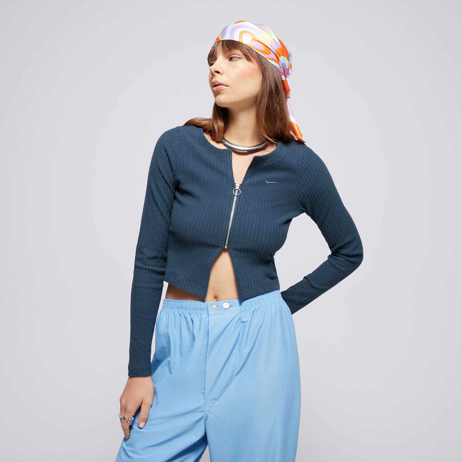 Ženski pulover NIKE PULOVER W NSW NK CHLL KNT RIB FZ CRDGN FN3682-478 mornarsko modra