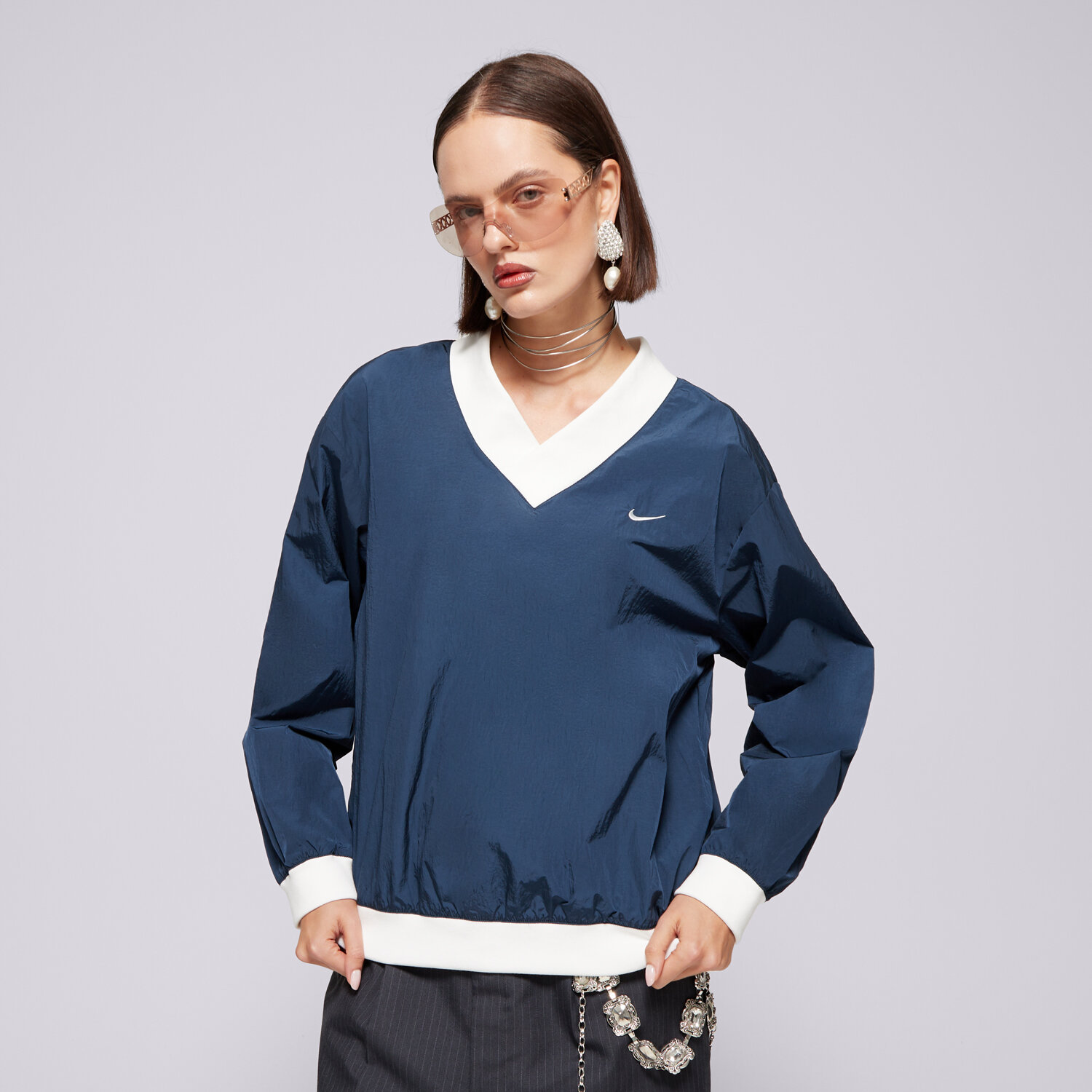 Ženski pulover NIKE JOPICA W NSW ESSTL WVN UV LS VNCK CRW FV7649-480 mornarsko modra