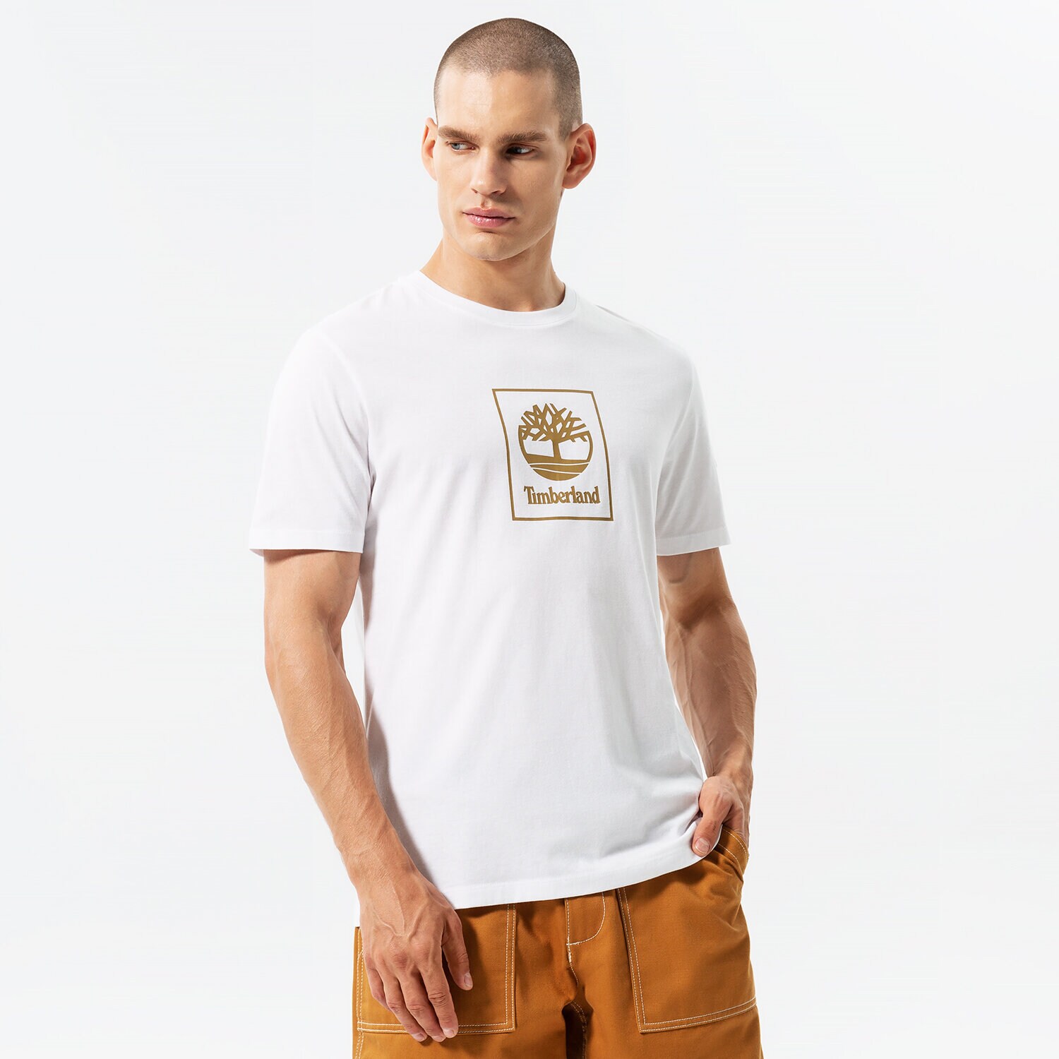 Moška majica s kratkimi rokavi TIMBERLAND T-SHIRT STACK LOGO WHITE/ANTIQUE BRONZE TB0A5ZH1DH11 bela
